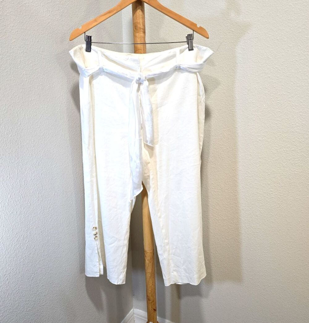White Linen Blend Cropped Pants Womens 20 Wide Leg Travel Resort Belt Minimalist